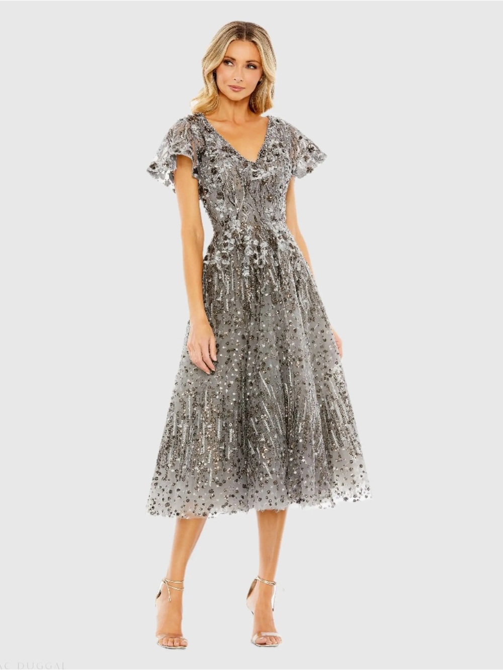 MAC DUGGAL Gray Embellished Butterfly Fit and Flare Midi Dress 20392 size 16 - Picture 9 of 9